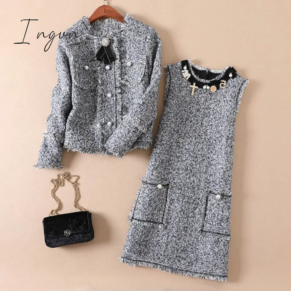 Ingvn - Trends 2023 high quality Brand Dress Sweet Diamonds Bead Pink Dress Robe Hiver Autumn Tweed Woolen Women Dress vestidos Robe Femme Jurken 2698