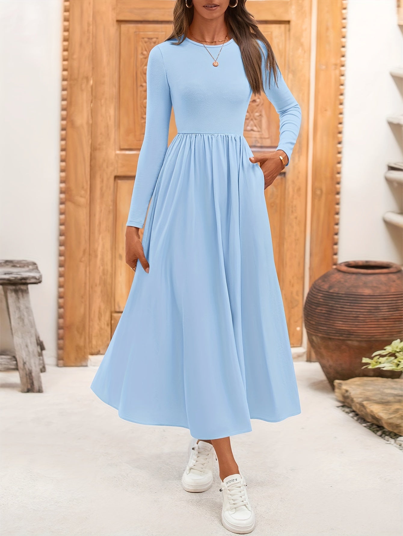 Ladies Casual Long Sleeve Wedding Guest Dress Fall Dress Elegant Bohemian Style Flowing Mid-length Dress With Pockets