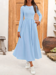 Ladies Casual Long Sleeve Wedding Guest Dress Fall Dress Elegant Bohemian Style Flowing Mid-length Dress With Pockets