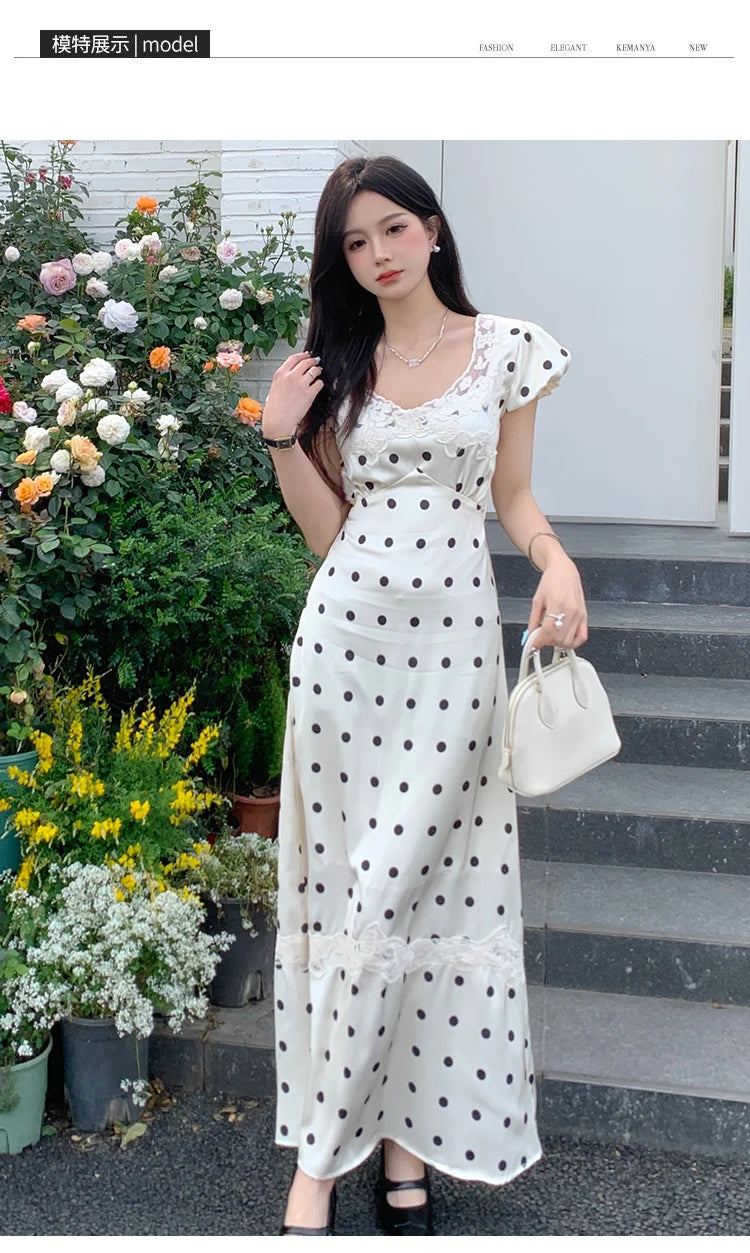 Elegant Party Lace Patchwork Satin Midi Dresses for Women Summer New Korean Casual Fashion Sweet Polka Dots Female Clothing