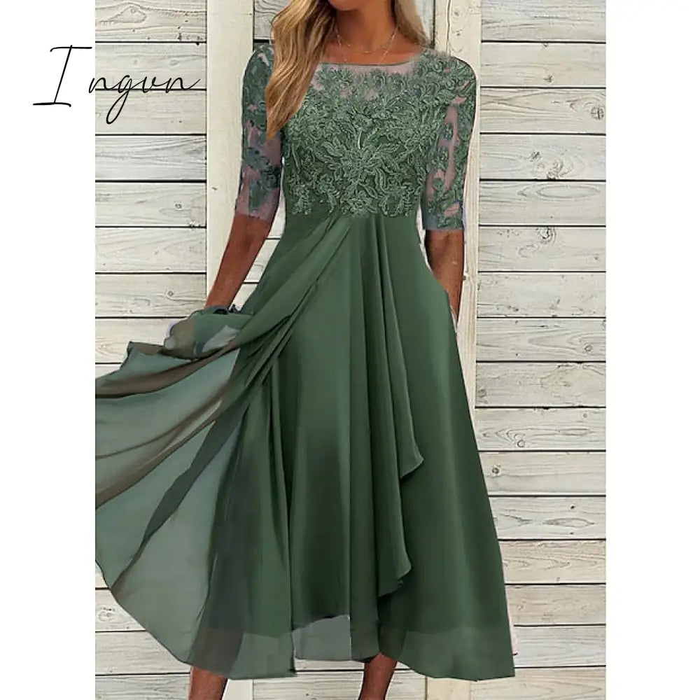 Ingvn - Women‘s Cocktail Party Dress Lace Dress Midi Dress Green Blue Purple Half Sleeve Floral Embroidery Lace Summer Spring Crew Neck Elegant Classic Wedding Guest 2023 S M L XL XXL 3XL