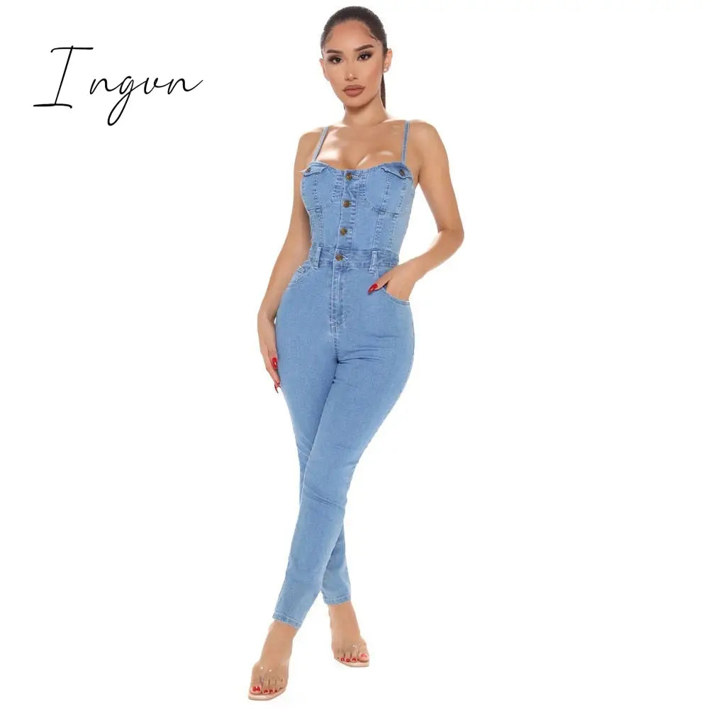 Ingvn - Sexy skinny open back suspender Jumpsuit jeans women's high waisted small leg pants show thin, versatile jeans pants