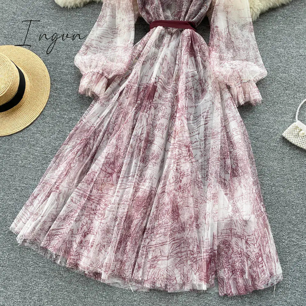 Ingvn - Elegant Women Mesh Dress Vintage Lantern Sleeves Printed Party Dresses Spring Summer Patchwork A Line Bandage Beach Dress