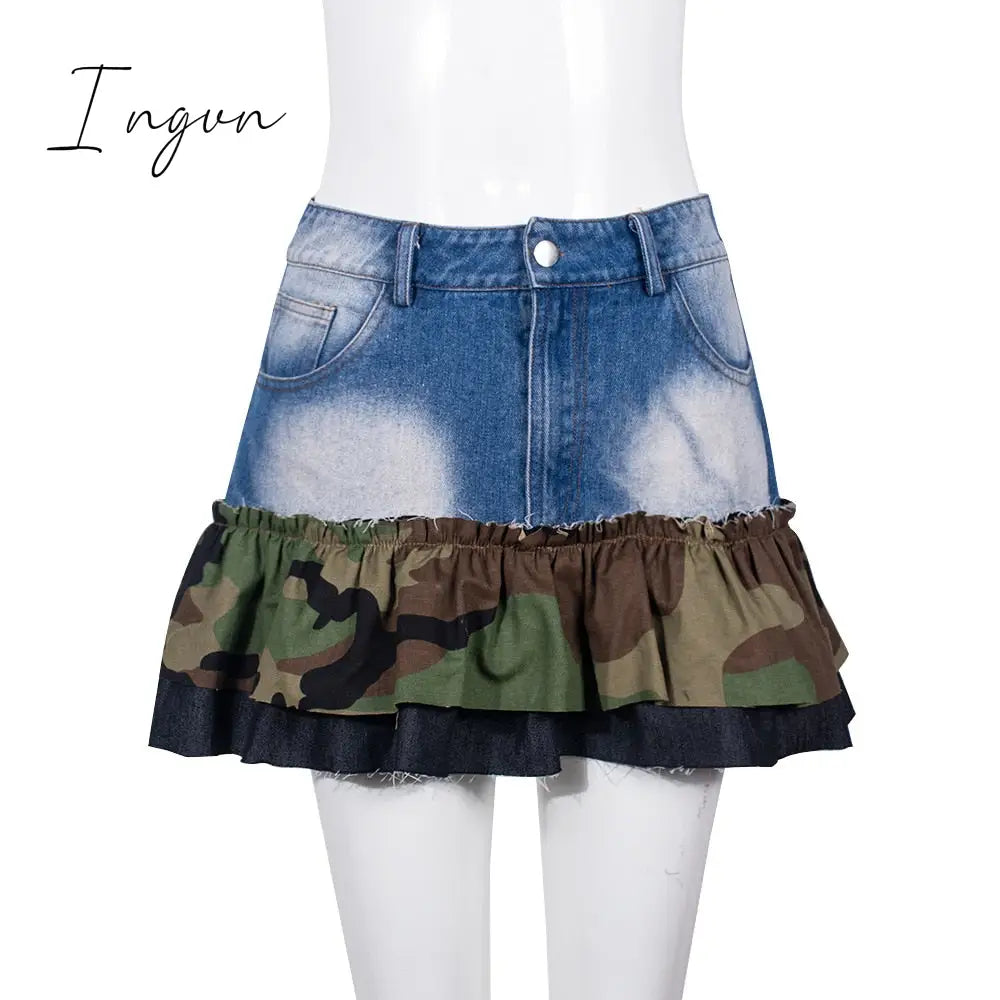 Ingvn - Women's 2023 Summer New Y2K Street Fashion Spicy Girl Personalized Camo Panel Ruffle Edge Bag Denim Mini Skirt