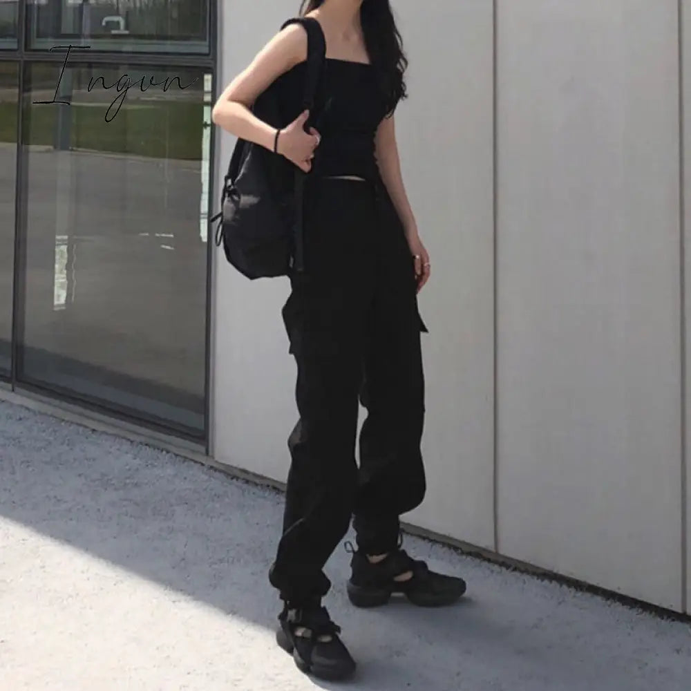 Ingvn - Button Pockets Patchwork Cargo Pants Women Streetwear High Waist Trousers Women Fashion Pencil Pants Joggers Women