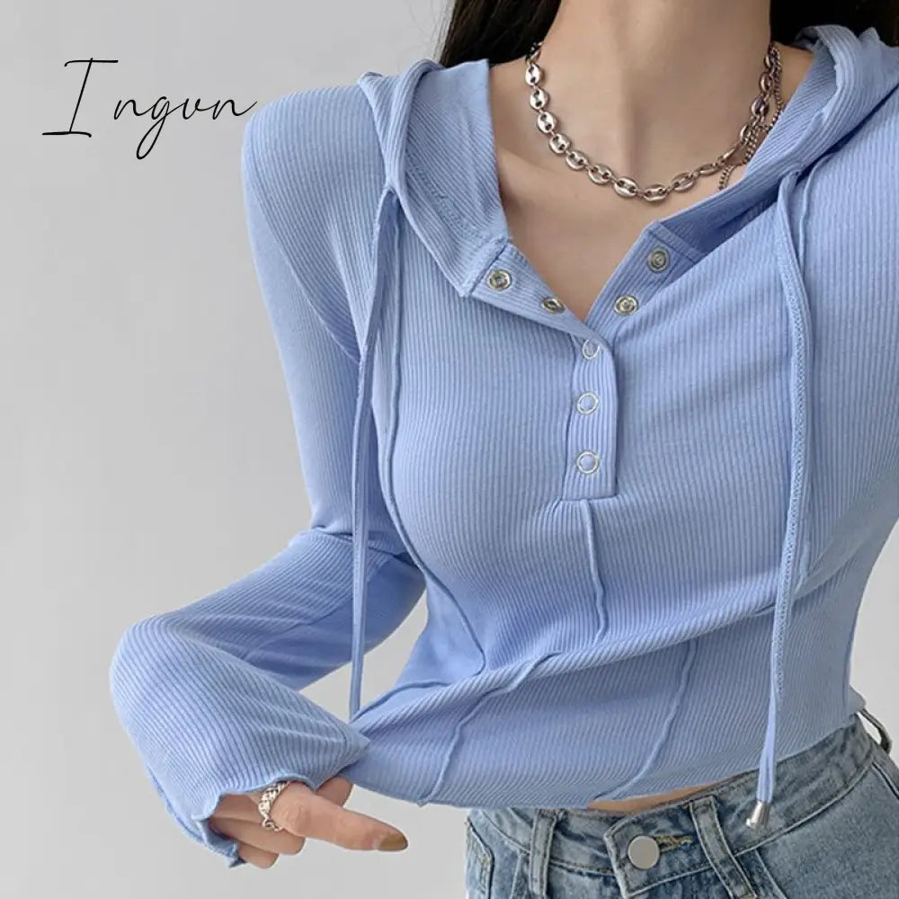 Ingvn - Crop Tops 2023 Fashion T-shirts for Women Hooded Sweatshirt Long Sleeve Tees Y2k Clothes Korean Casual Woman Tshirts Ropa Mujer