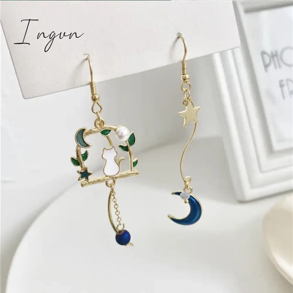 Korean Style Flower Cute Animal Dangle Earrings For Women Moon Stars Kitten Rabbit Balloon Asymmetric Earring Party Jewelry Gift