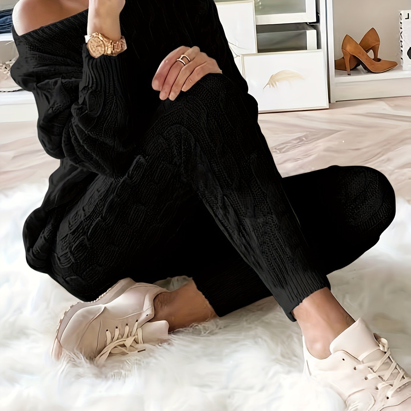 Solid Knitted Matching Two-piece Set, Casual Long Sleeve Sweater & Pants Outfits, Women's Clothing