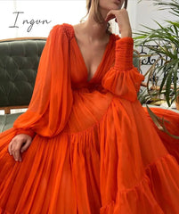 Ingvn - Long Puff Sleeves Prom Dresses V-Neck Pleats Chiffon Princess Evening Gowns Women Party Dress Plus Size Spring Autumn Dresses for Women