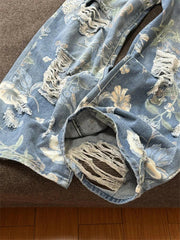 Ingvn  Women's Flower Print Design Distressed Jeans Young Girl Summer Thin Straight Bottoms Vintage Trousers Female Wide Leg Pants