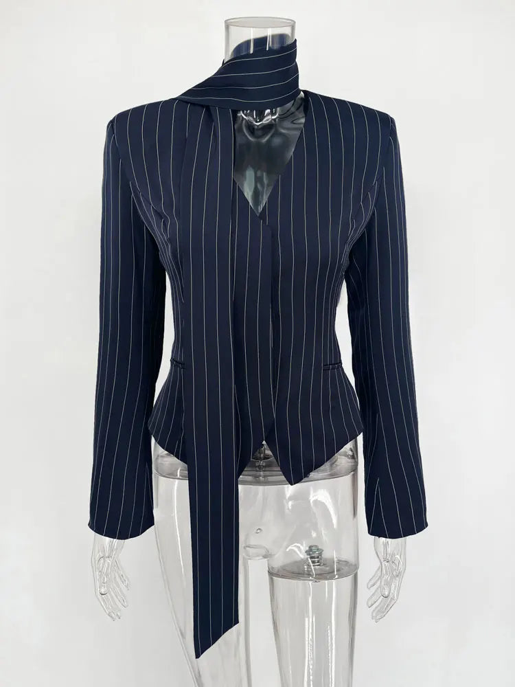 Elegant Female Striped Suit Coat For Women Scarf Lace-Up Patchwork V-Neck Long Sleeve Luxury Outwear Female Jackets Coat