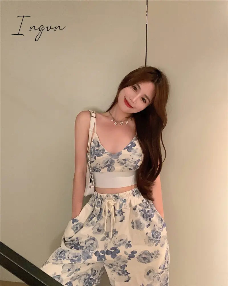 Ingvn - Pants Sets Woman Summer Camisole Short Top High Waist Pant Wide Leg Casual Korean Fashion Two Piece Suits Women Clothing