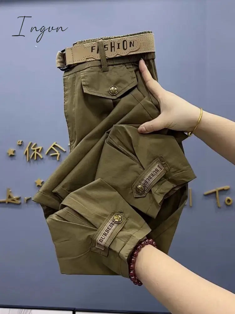 Ingvn - Cotton Metal buttons high-quality Solid Color Pants Women 2023 Autumn Spring Loose Casual Pants Trousers