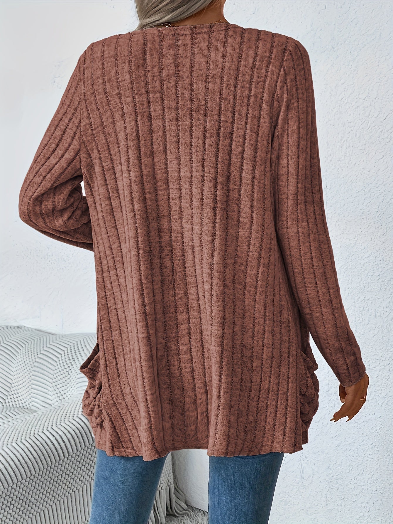 Cozy Ribbed Cardigan - Casual Jackets for Women with Dual Pockets and Long Sleeves for Spring and Fall - Soft, Open Front, and Versatile