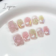 10Pcs Pink Cute Handmade Press on Nails Full Cover Bear Rhinestone Summer French Short False Nails Wearable Manicure Nail Tips