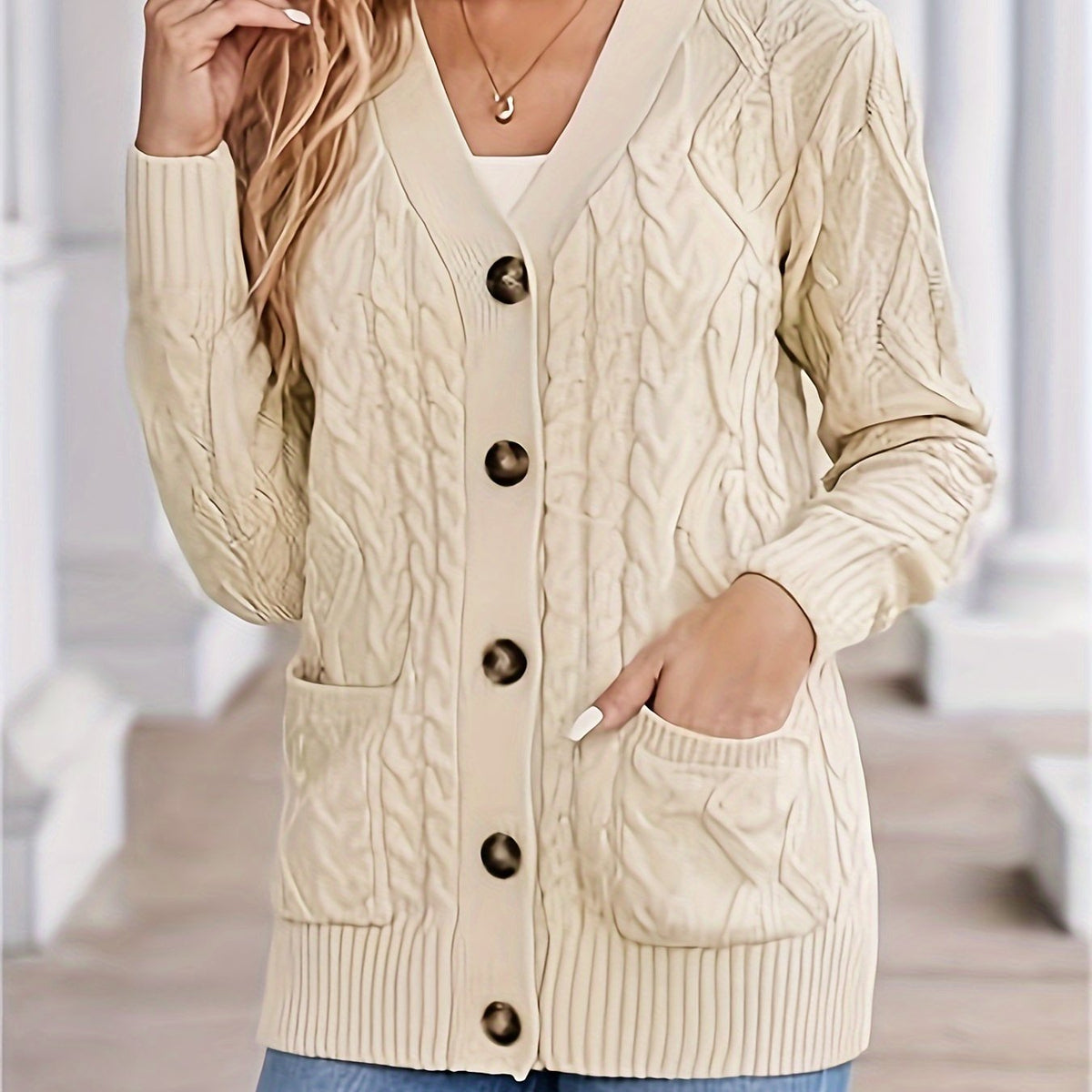 Cozy Cable Knit Long Sleeve Cardigan - Women's Casual Single Breasted Cardigans with Pockets for Spring & Fall - Soft, Comfortable, and Stylish Women's Clothing
