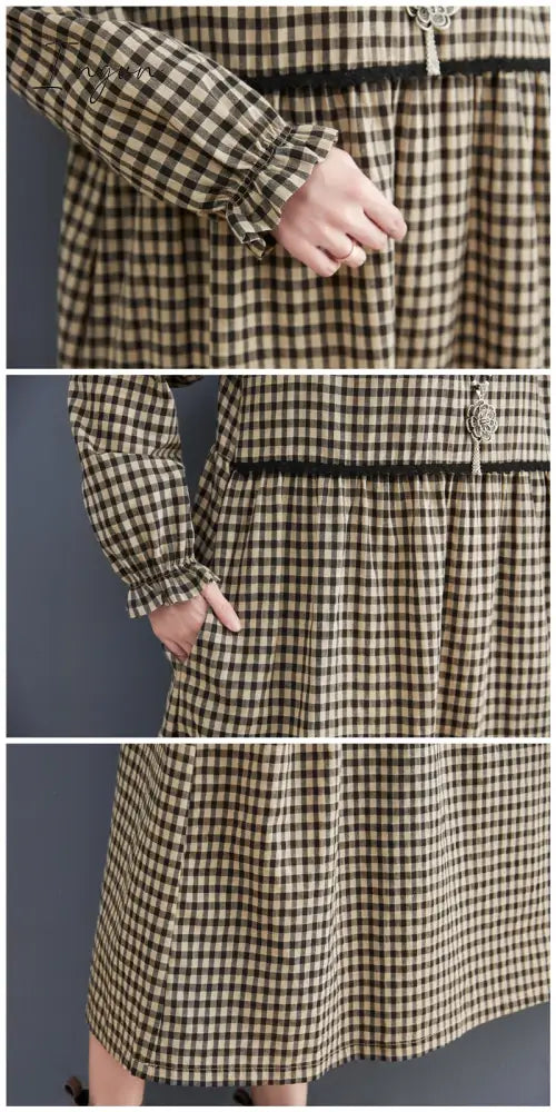 Ingvn - 2023 New Fashion Plaid Patchwork Lace Long Sleeve Autumn Dress Cotton Linen Office Lady Work Dress Women Casual Spring Dress