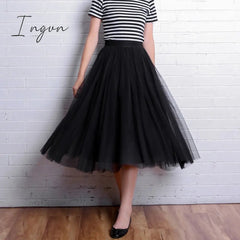 Ingvn - Autumn Winter Vintage Tulle Skirt Women Elastic High Waist Mesh Skirts Long Pleated Tutu Skirt Female Jupe Longue