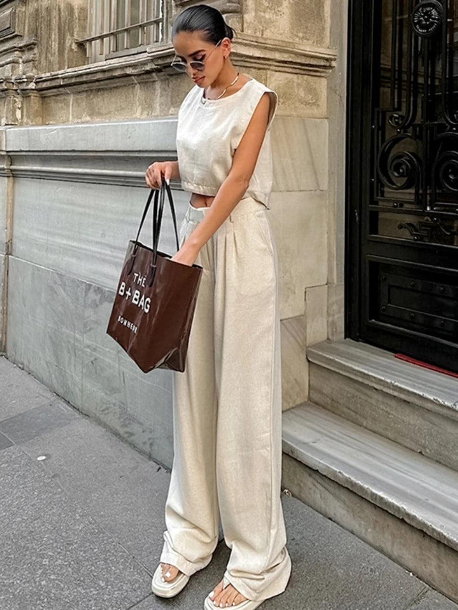 Ingvn  Summer Womem Fashion Round Neck Sleeveless Top Pants Suit Two-Piece Set Office Ladies Chic Pants Suits Womens Outfits