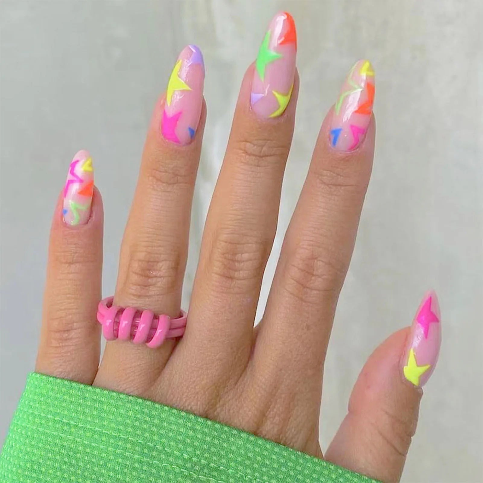 24pcs/box Fake French y2k Nails Press On Long Stiletto Almond Shape Wearable False Nails With Stars Designs Full Cover Nail Tips