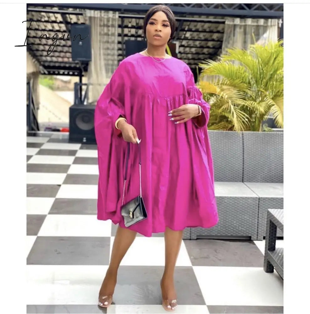 Ingvn - Women Loose Dresses O Neck Pleated Casual Fashion Large Size Ladies Female African Fashion Spring Summer New Baggy Robes