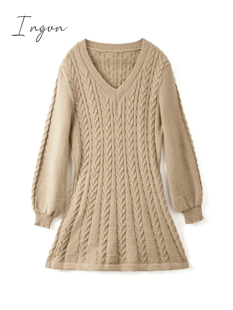 Ingvn - V Neck Cable Knit Long Sleeve Mini Dress