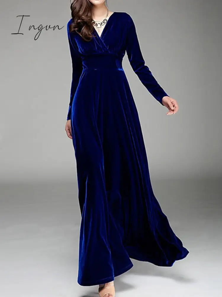 Ingvn - Women‘s Party Dress Wedding Guest Dress Velvet Dress Long Dress Maxi Dress Black Wine Royal Blue Long Sleeve Pure Color Ruched Fall Spring V Neck Fashion Party Winter Dress Evening Party 2023 S M L XL