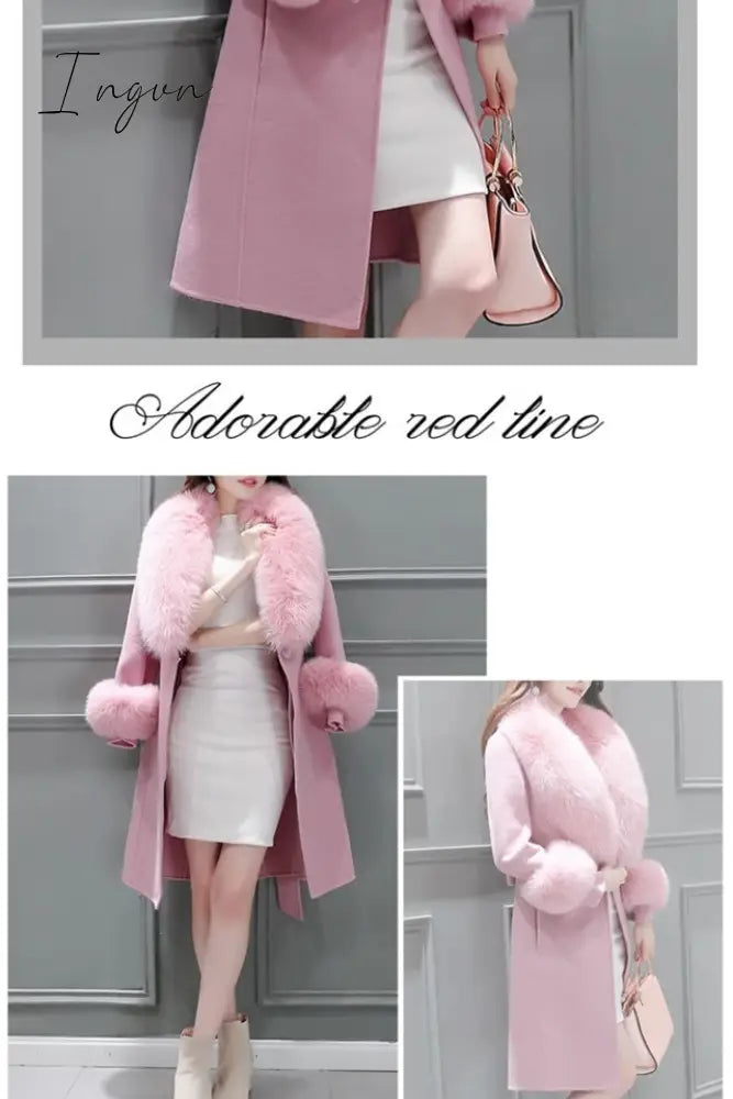 Ingvn - Fur Woolen Coat =New Women  Knee Mid-length Korean Fashion Big Fur Collar Beautiful Cloak Red Pink White Camel S To 3XL