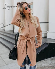 Ingvn - Autumn Midi-length Women's Trench Coat Long Sleeve Lace Up Pocket Female Coats Winter Warm Fashion Loose Ladies Outerwear
