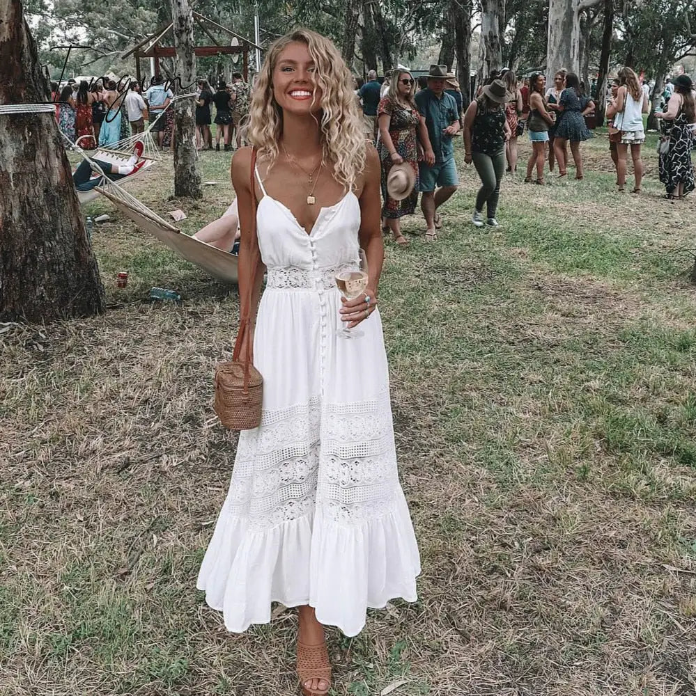 Ingvn - Fashion Boho Long Maxi Dress Women Summer Ladies Sleeveless White Beach Dress