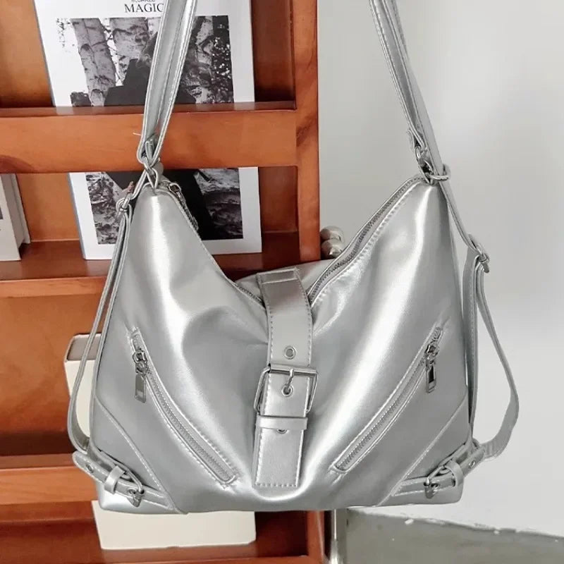 Ingvn  Y2k Vintage Shoulder Bag for Women Fashion Large Capacity Aesthetic Backpacks Casual Silver Commuter Female Motorcycle Bag