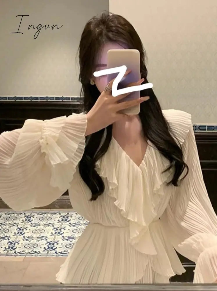 Ingvn - Pure Color French Elegant Dress Woman Long Sleeve Fairy Midi Dress Casual 2023 Summer Slim Party One Piece Dress Korean Design