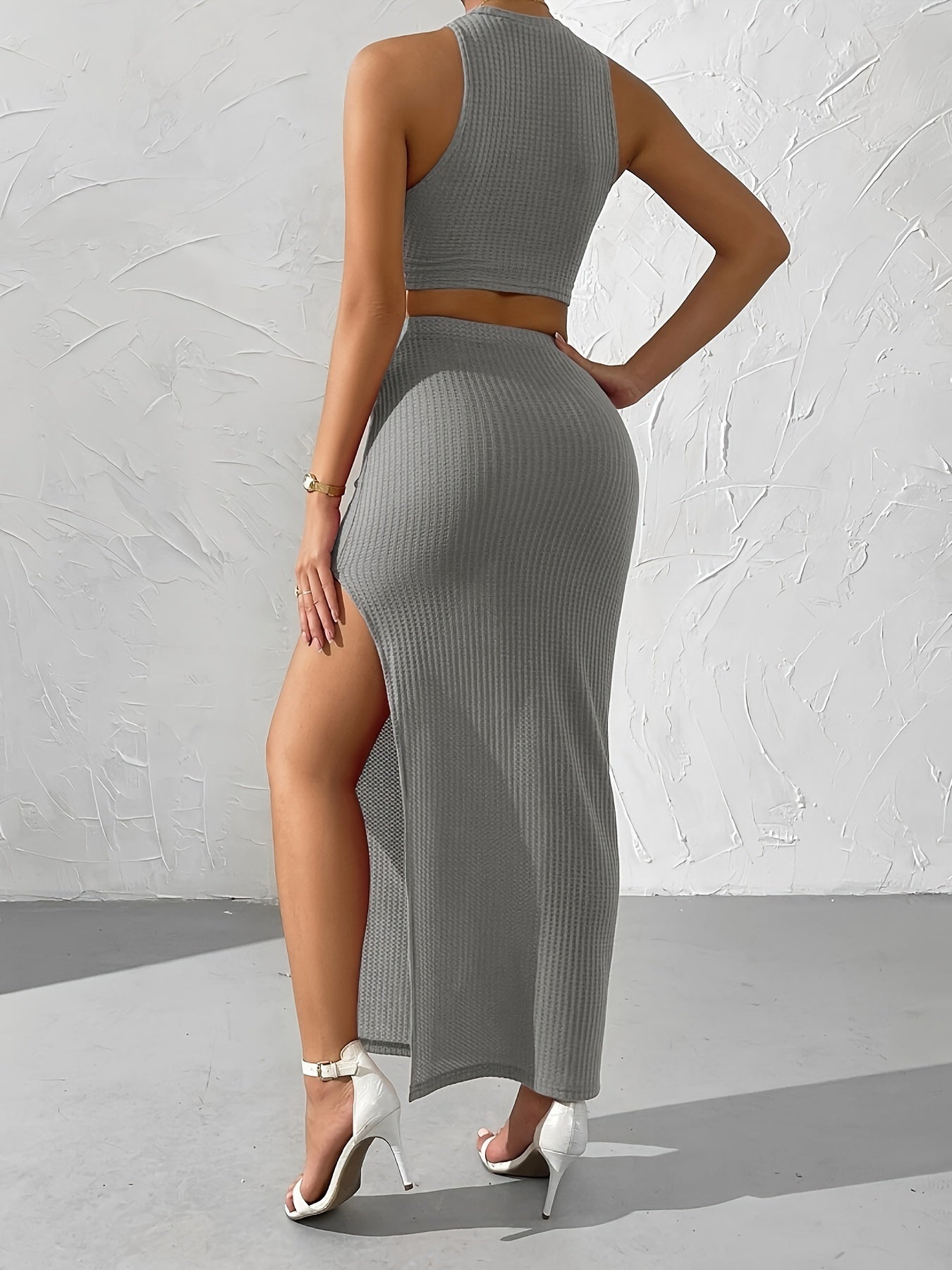 Solid Slim Two-piece Skirt Set, Crop Tank Top & High Split Bodycon Skirt Outfits, Women's Clothing