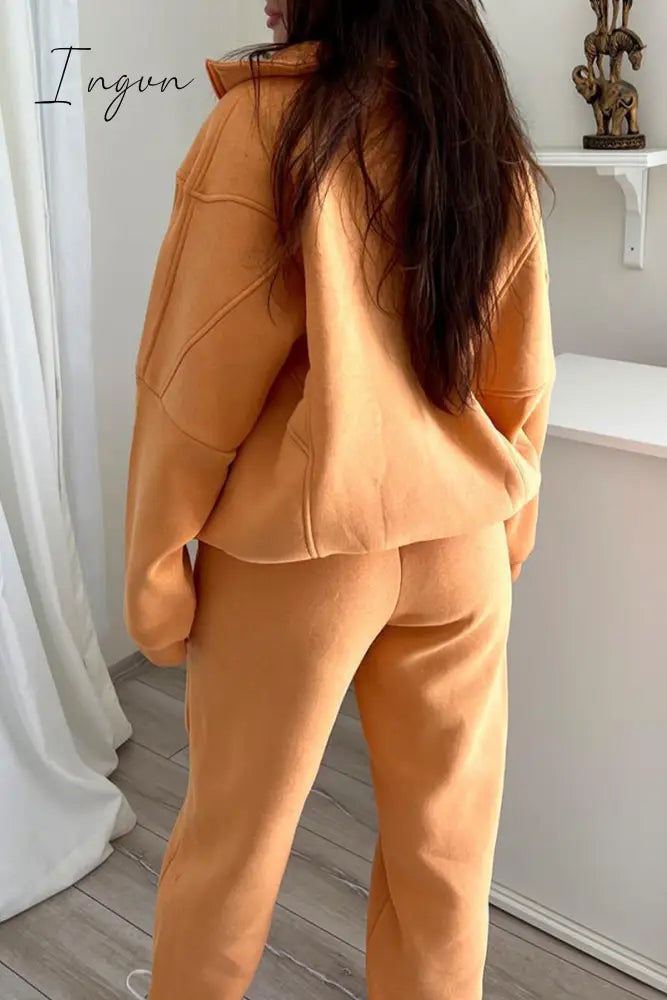 Ingvn - Casual Simplicity Solid Draw String Hooded Collar Long Sleeve Two Pieces