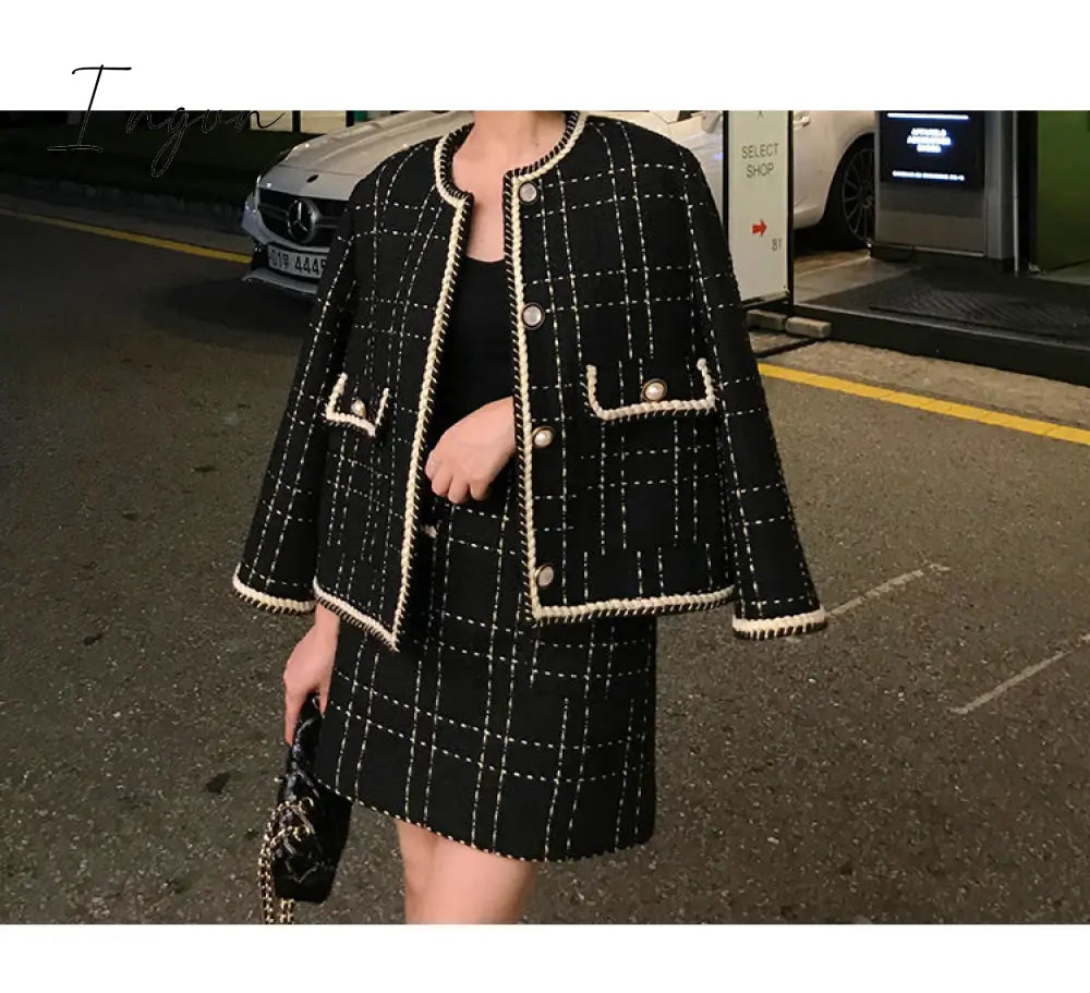 Ingvn - European Style Autumn Winter 2 Piece Set Women Short Woolen Tweed Jacket Coat & Bodycon Mini Skirt Set Women Two Piece Outfits