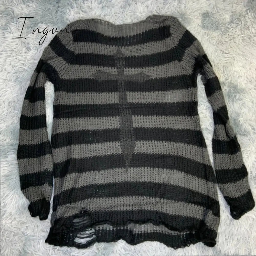 Ingvn - Plus Size Punk Gothic Long Unisex Sweater Dress Women Man Striped Cool Hollow Out Hole Broken Jumper Loose Rock Thin Sweter
