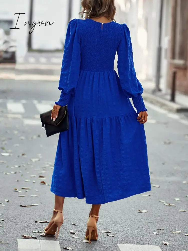 Ingvn - 2023 Spring Casual O Neck Lantern Sleeve Dress Women Loose Elegant Solid A-line Dress Lady Simple High Waist Klein Blue Dress