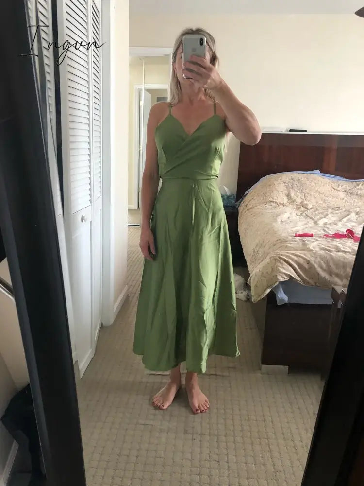 Ingvn - Boho Slim V Neck Summer bandage backless Maxi Long Dress Women Casual spaghetti strap Party Beach Holiday elegant tunic dress
