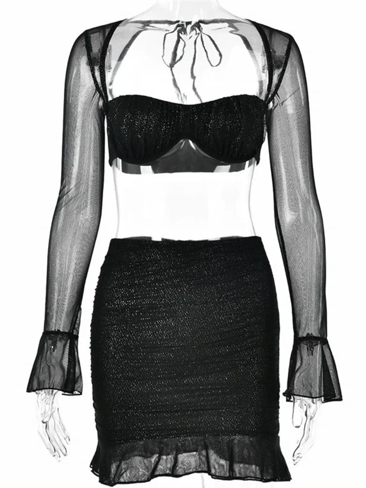 Glitter Mesh Sexy Dress Set Women Strapless Flare Sleeve Crop Top And Mini Skirt Sets Club Party Sparkle Two Piece Set