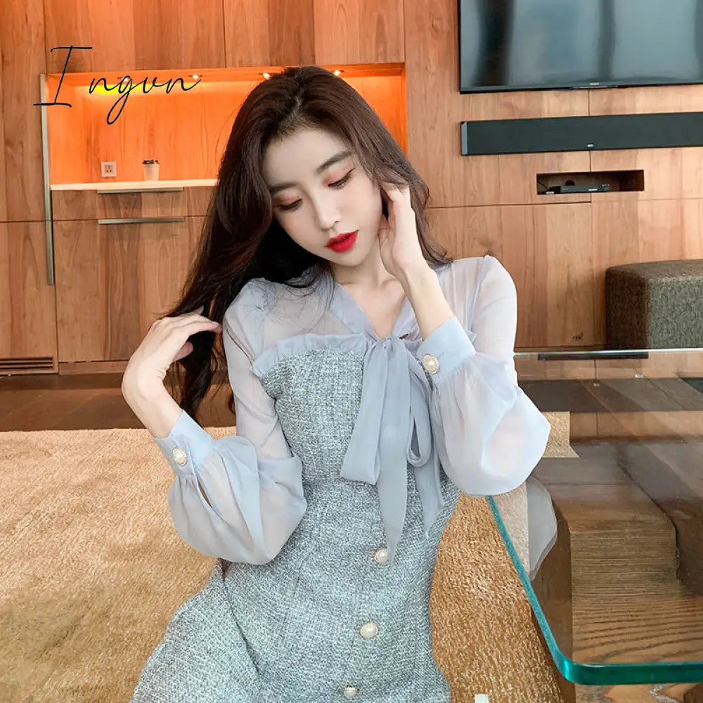 Ingvn - New Spring Vintage Sexy See-through Chiffon Patchwork Tweed Mini Dress Women Ribbon Bow Single-breasted Long Sleeve Party Dress