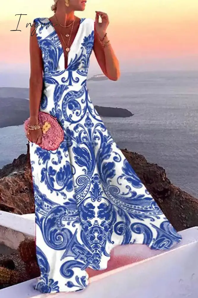 Ingvn - Casual Print Patchwork V Neck Cake Skirt Dresses(5 Colors)