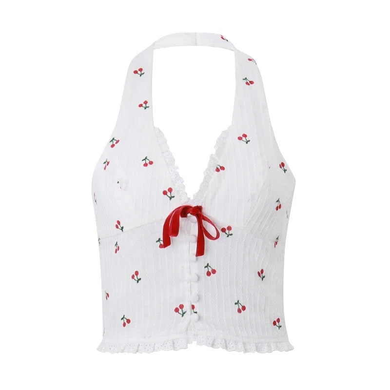 Korean Fashion Print Halter Camis Tank Tops Summer Knitted Slim Fit Tank Top High Street Commuter Casual Women's Wear