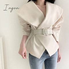 Ingvn - Women Spring Autumn Short Blazer Coat with Belt Big Lapel Collar Female Full Sleeve Cardigan Outerwear