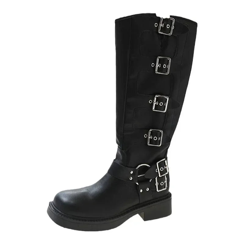 Ingvn  Square Toe Women Western Cowgirl Boots Fashion Belt Buckle Knight Long Booties Autumn Winter Female Low Heel Shoes