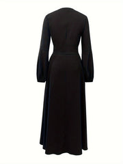 Button Front Tied Waist Dress, Elegant Lantern Sleeve A-line Maxi Length Dress For Spring & Fall, Women's Clothing