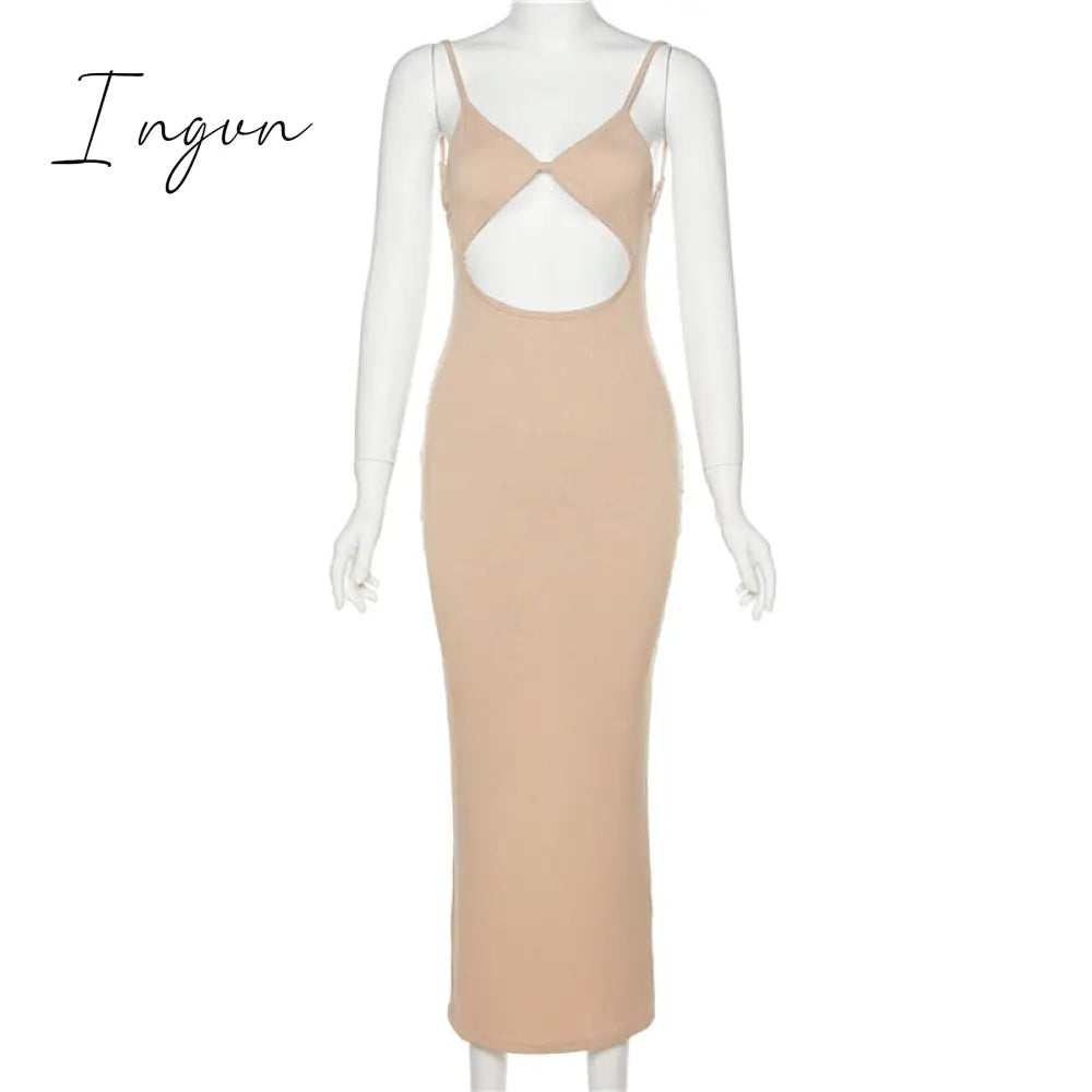 Ingvn - Summer Dresses For Women Elegant White Cut Out Maxi Dresses For Women Spaghetti Strap Backless Sexy Beach Dress Boho Long Summer Dress Party Wear
