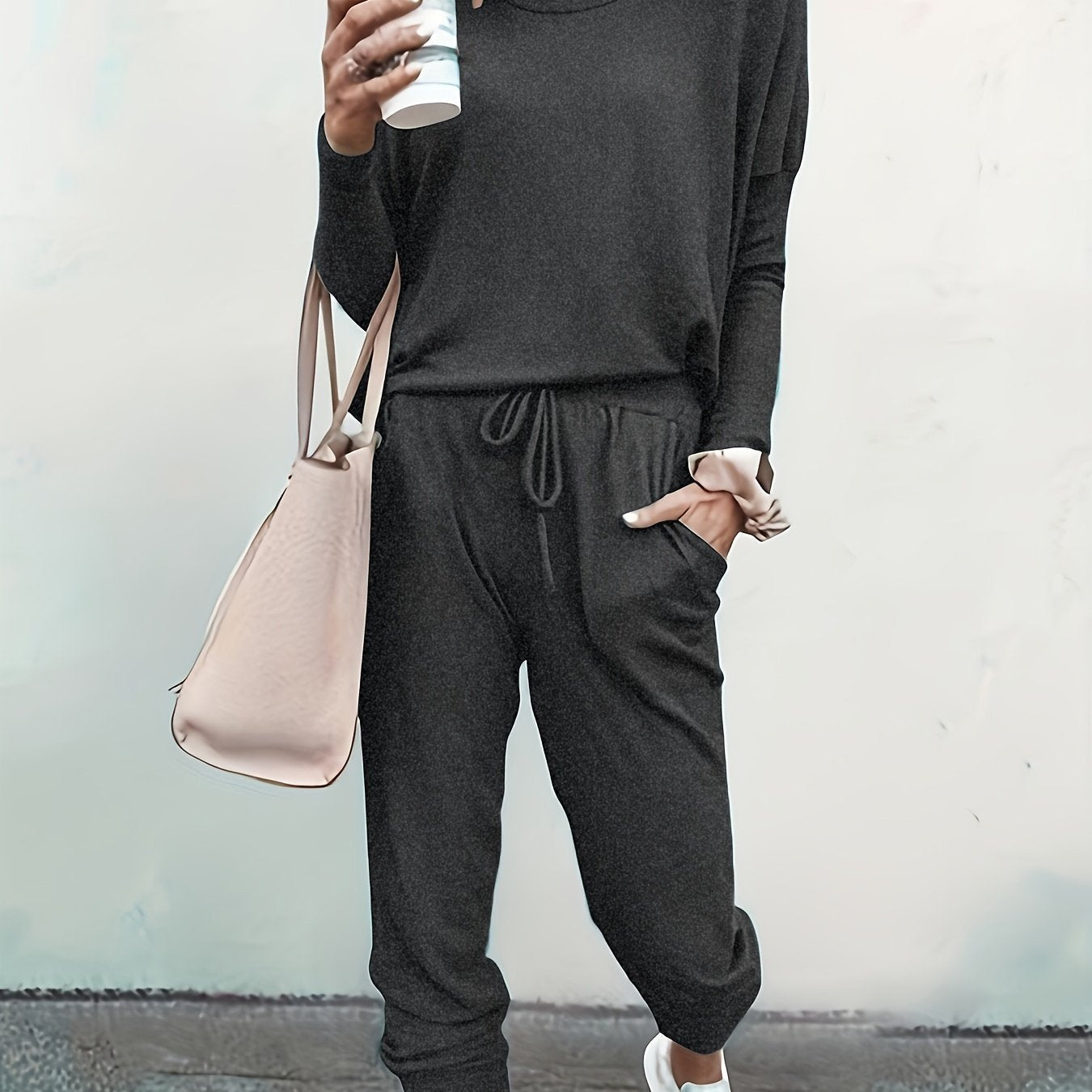 Chic Womens Two-piece Set - Comfy Long Sleeve Tee & Drawstring Jogger Pants - Versatile Solid Outfit for Casual Days
