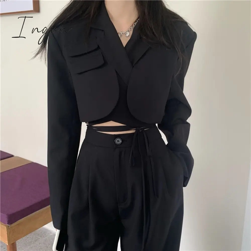 Ingvn - Spring Outfits Trends Korean Summer Two Piece Set Women Crop Top Sexy Lace-up Blazer Coat + High Waist Pants Suit Sets Autumn Streetwear 2 Piece Sets