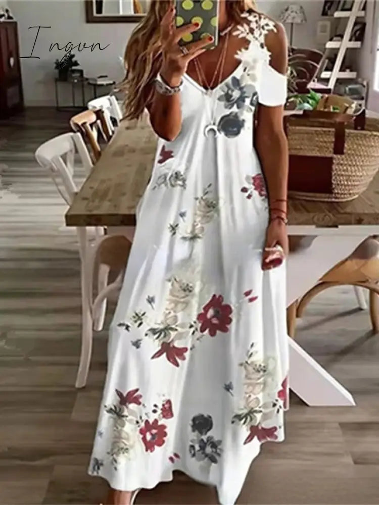 Ingvn - Women's Long Dress Maxi Dress Casual Dress A Line Dress Floral Dress Floral Print Ombre Fashion Casual Outdoor Daily Holiday Cut Out Print Short Sleeve V Neck Dress Regular Fit Light Yellow Black
