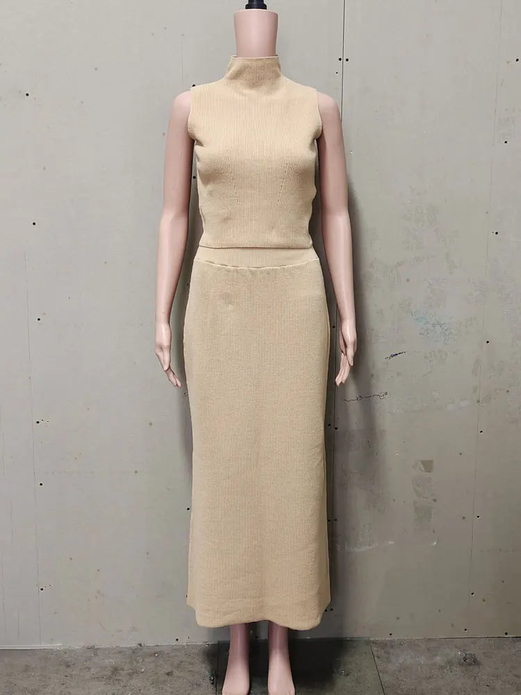 Elegant Knitwear 2 Piece-Set Long Dress Female Ribbed Sweater Pullover And Loose Patchwork Maxi Skirt Sets Ladies Outfits
